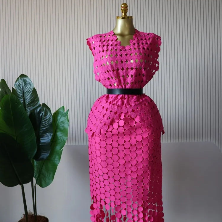 CM.YAYA Women Cutout O-neck Crop Top and Bodycon Midi Slim Maxi Long Skirt Suit 2025 Summer Vacation Sexy Two 2Piece Set Outfits