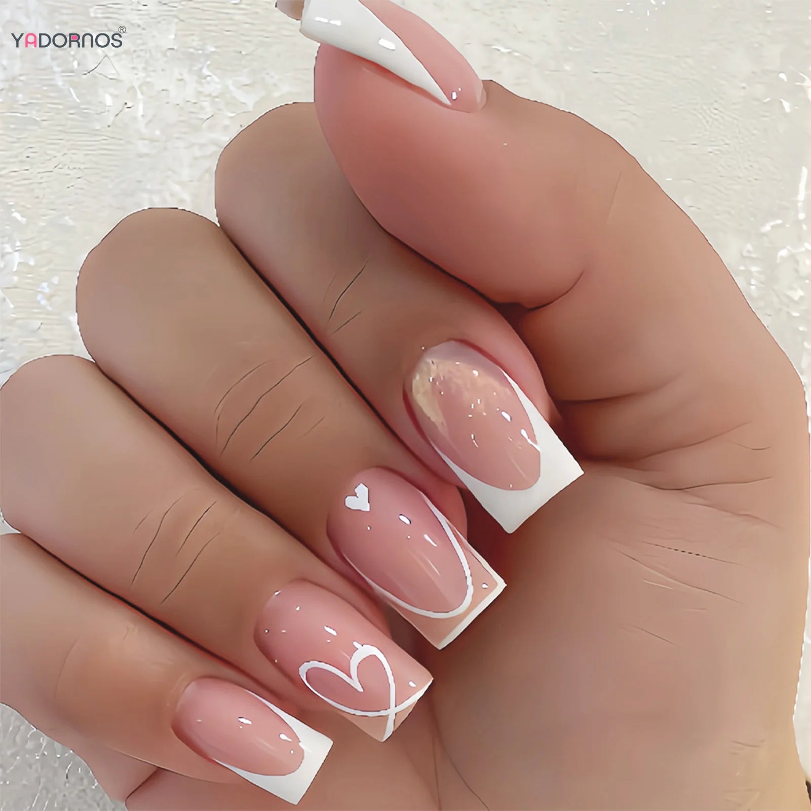 Minimalist Nude Color Fake Nails 24Pcs White French Press On Nail Love Heart Printed Women Valentine's Day/Dating Charm Manicure