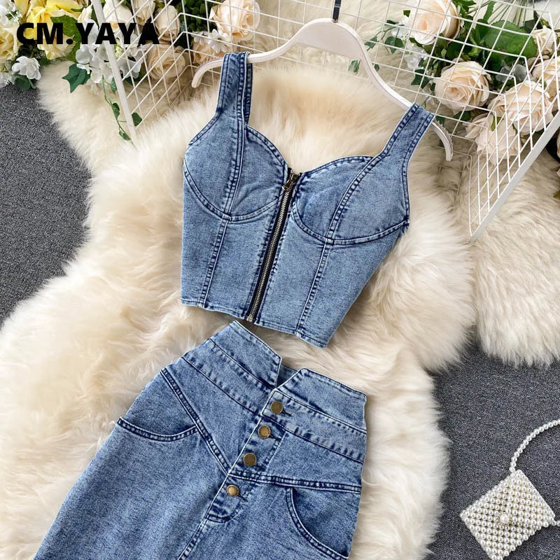 Women Denim Sets Sleeveless Strap Crop Top and Long Skirts Suits 2024 Summer Jeans Streetwear Two 2 Piece Sets Outfits