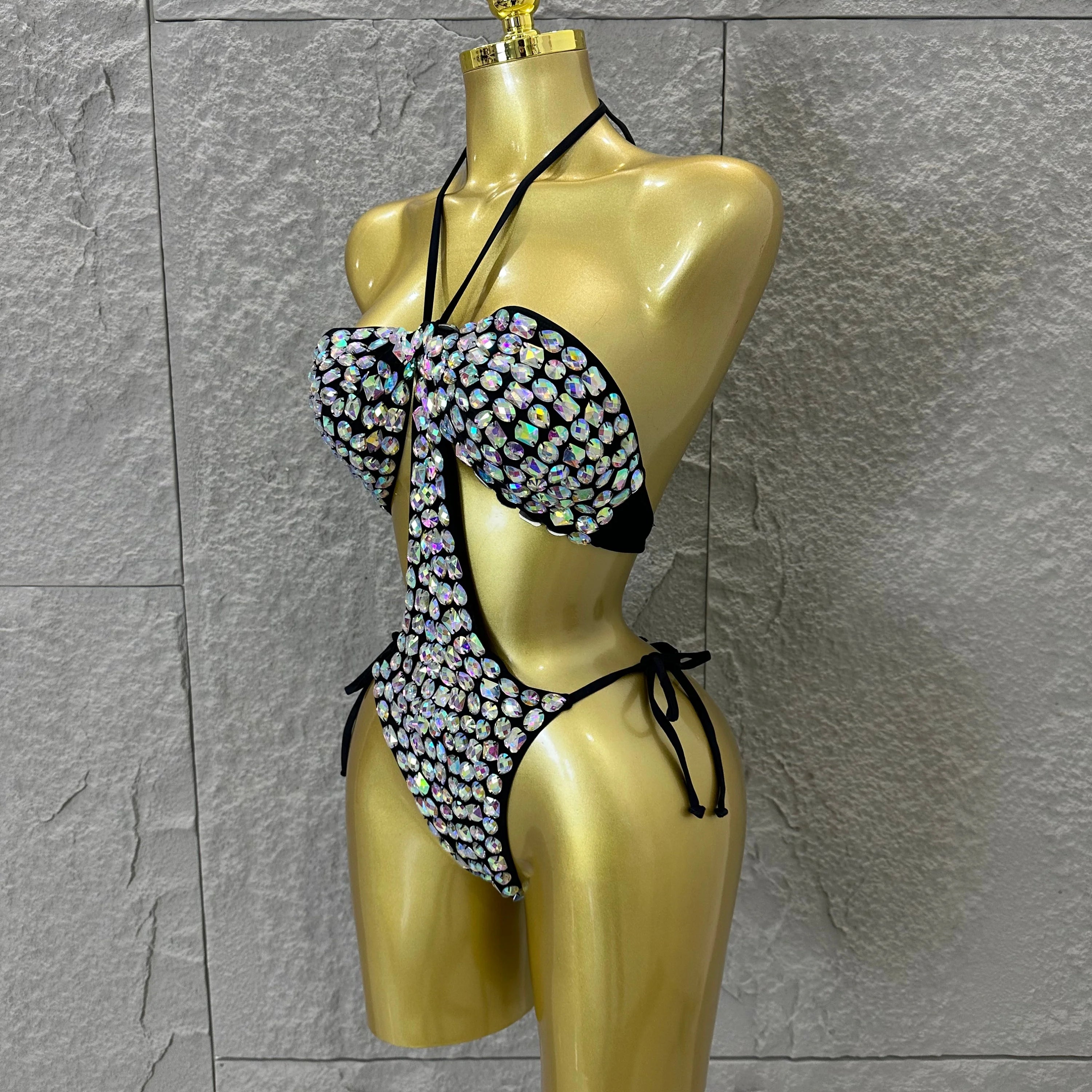 2026 Luxurious Black Bodysuit Women Sexy Halter Neck Iridescent Crystal Embellished Cutout Outfit Stage Performance Costume