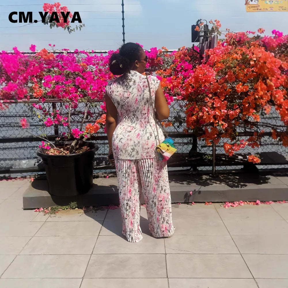 CM.YAYA Women Set Floral Print Short Sleeve Pleated T-Shirt + Wide Leg Pants 2025 Street Sexy Two 2Piece Sets Outfits Tracksuit