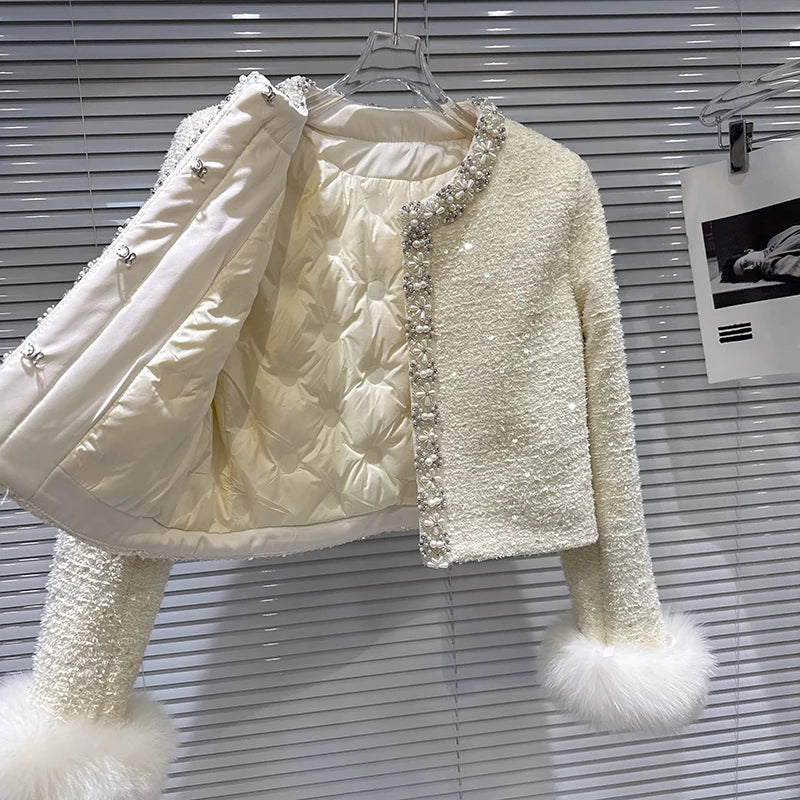 Winter New Fashion Elegant Fox Fur Sleeve Rhinestone Edge Cotton Inner Short Coat For Women High Waist Jacket 11A07769