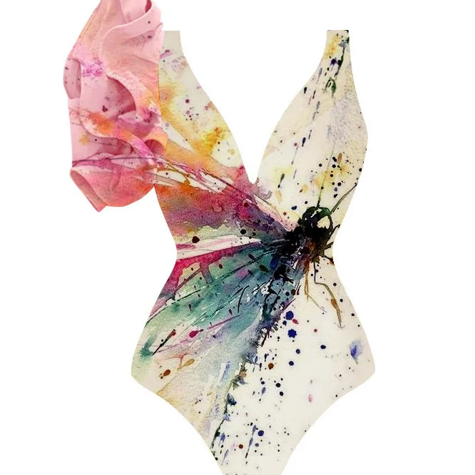 Splash-ink Art One Shoulder Ruffle Swimsuit Luxury Bikini V-neck Cut Out Surfing Swimwear Women Designer Bathing Suit swimsuit