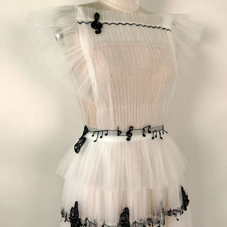 DEAT Gauze Women Dress Print Short Flying Sleeve A Line High Waist Medium Long Elegant Chic Style New Spring 15KB5996