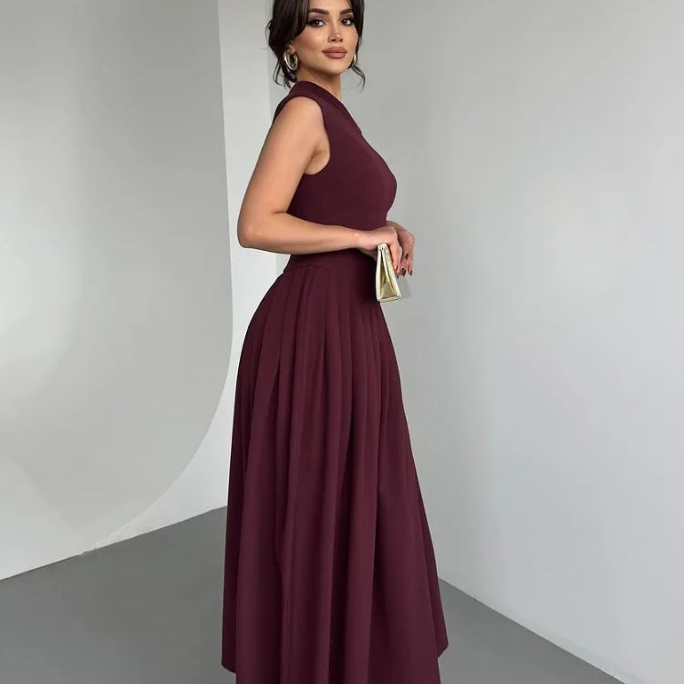 Chic Off Shoulder Irregular Neck Women's Dress Elegant High Waist A-line Hem Pleated Midi Dresses New Summer Lady Commuting Robe