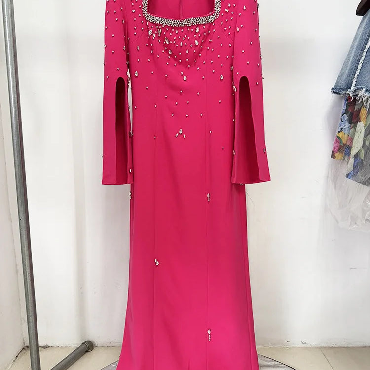 Solid Slimming Spliced Bead Luxurious Dresses for Women Square Neck Long Sleeves Patchwork Split Dress Femlae New