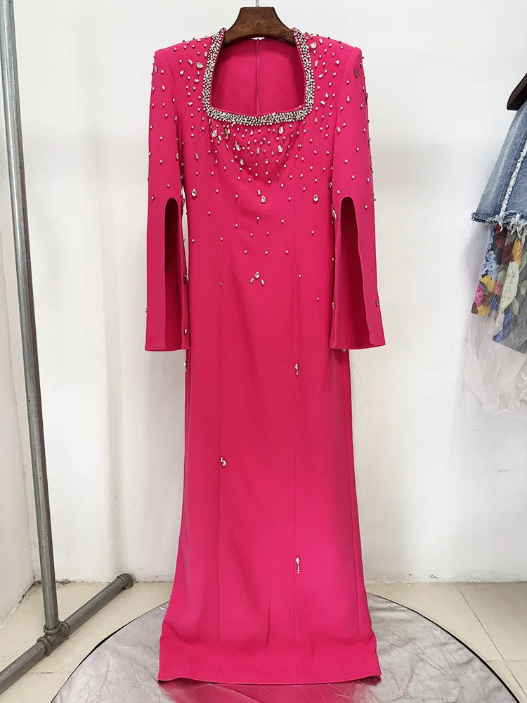 Solid Slimming Spliced Bead Luxurious Dresses for Women Square Neck Long Sleeves Patchwork Split Dress Femlae New