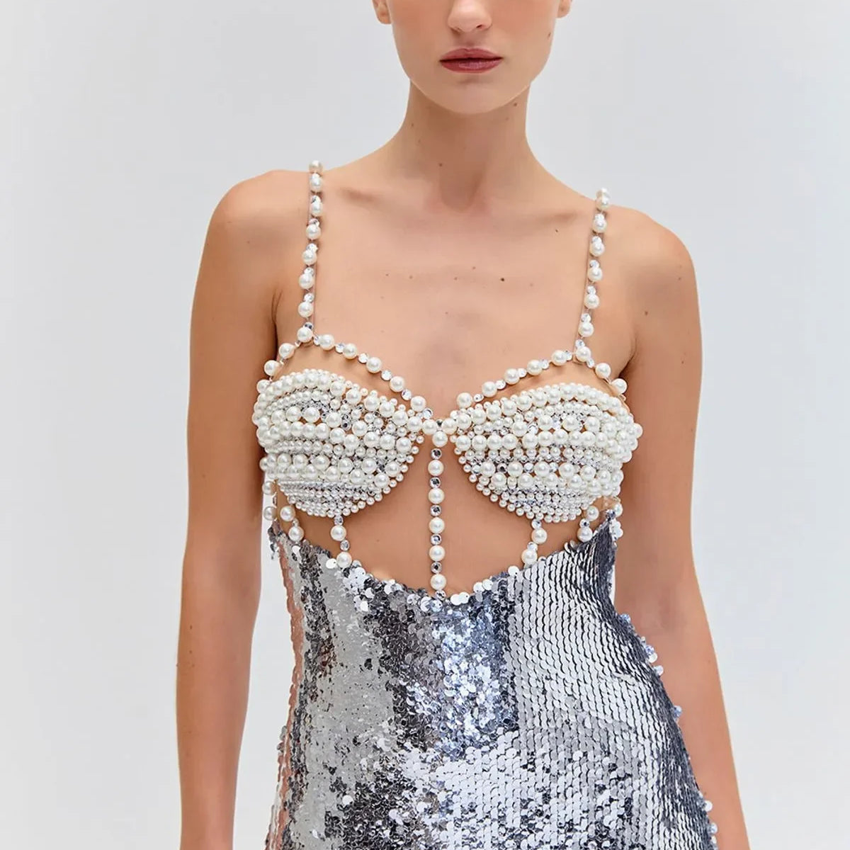 Fashionable Haute Couture Woman Evening Dress Pearl Sliver Sequins Spaghetti Strap Long Dress Celebrity Birthday Party Outfit