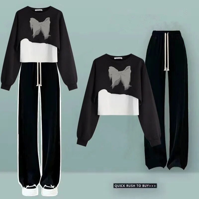 Women Spring Autumn Sweatshirt Wide Leg Pants Vest 3 Piece Set 2024 Lady Casual Letter T Shirts Trousers Outfits Green Top Suit C Black Set