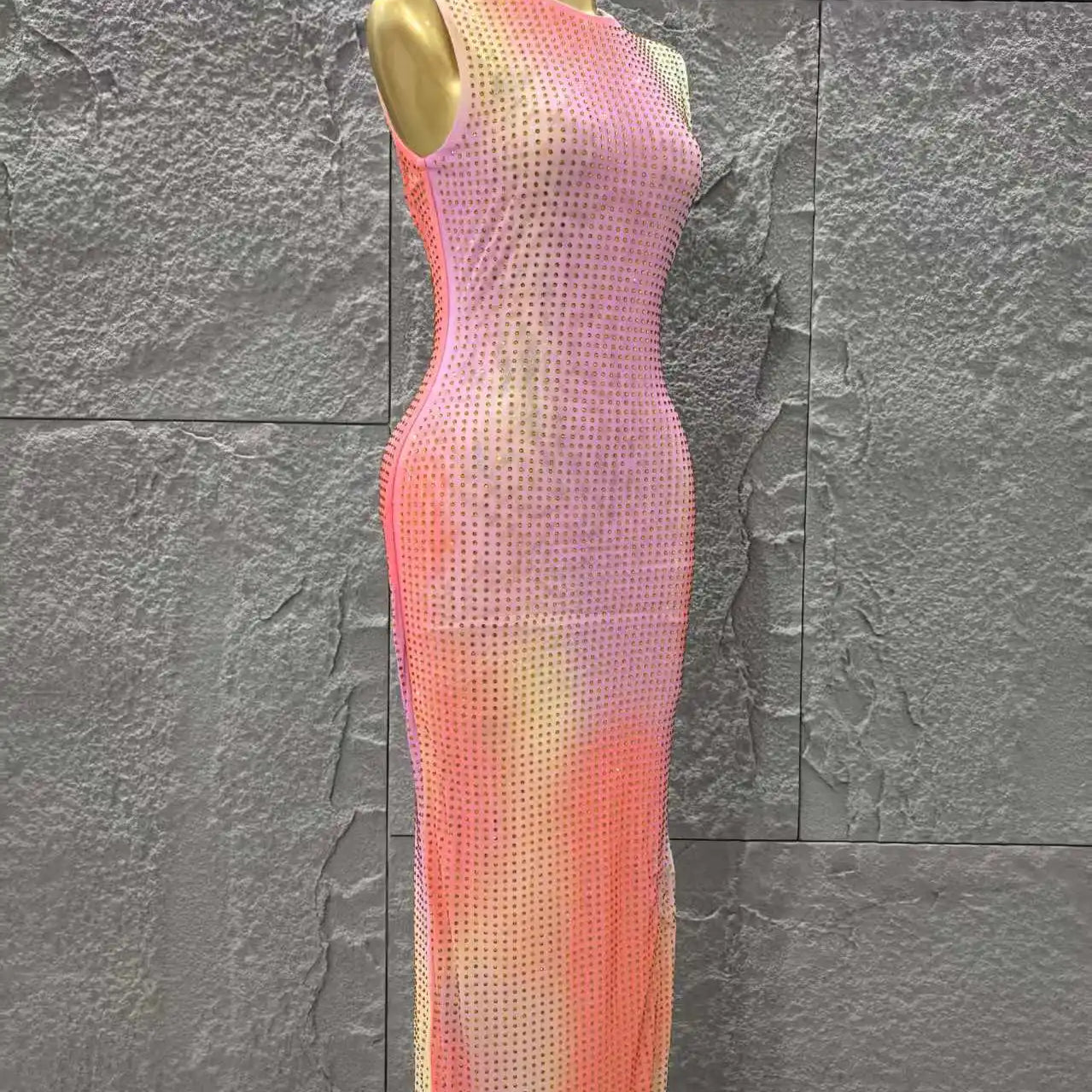 Shinning Rhinestones Women Sleeveless Sexy O-Mecl Bodycon Long Dress Mesh High Stretch Celebrate Evening Party Cocktail Dress