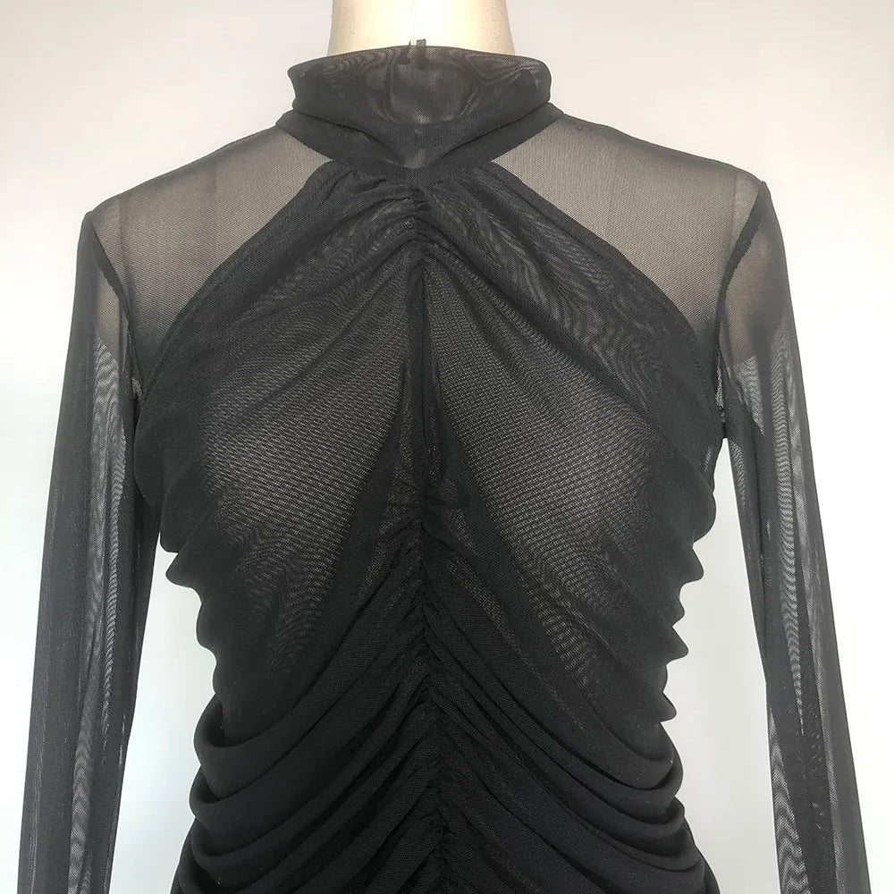 2025 Sexy Women's Patchwork Mesh Dress with High Collar and Hairy Sleeve Design Bodycon Draped Mini Dress Evening Party Vestidos