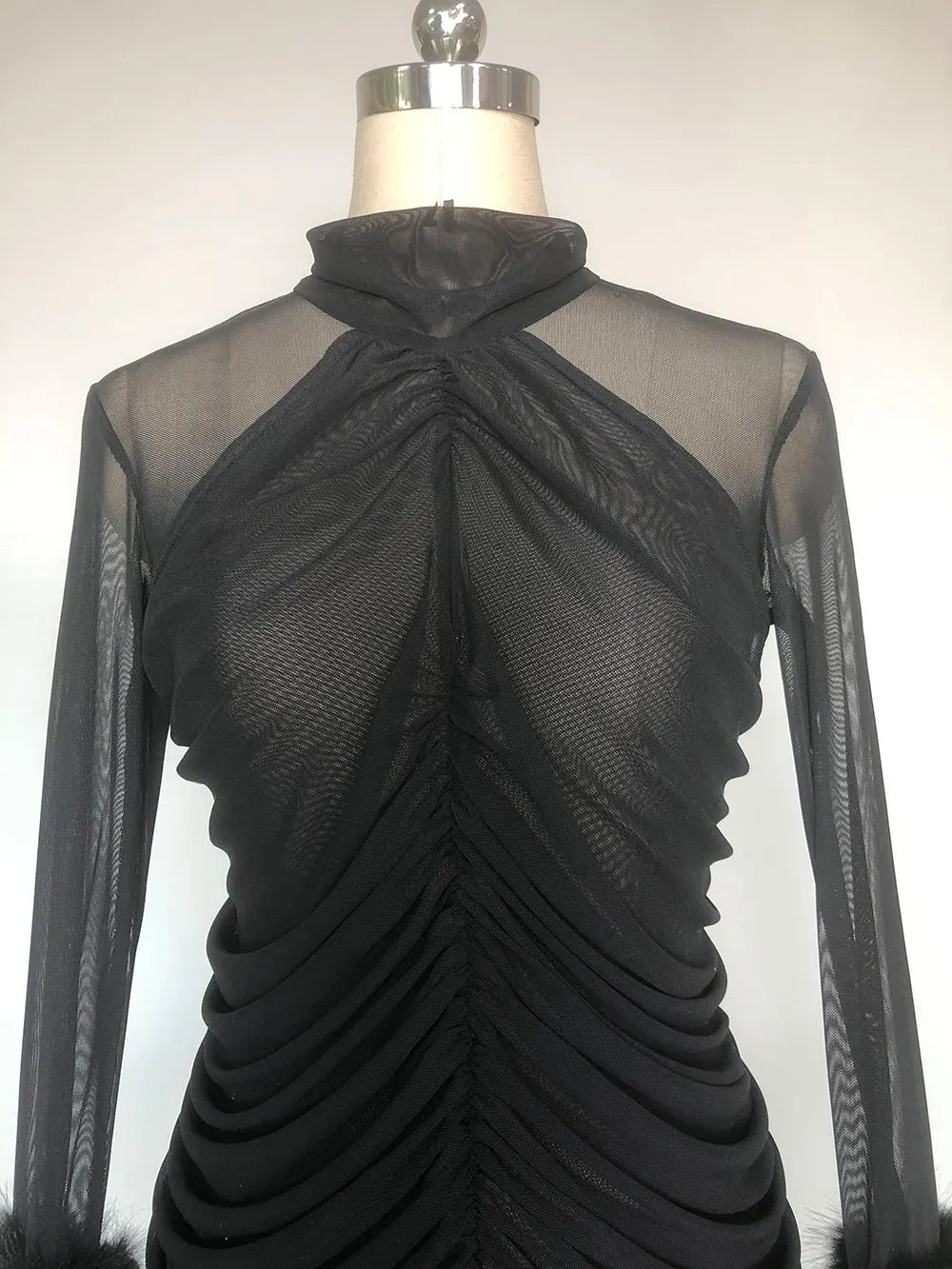 2025 Sexy Women's Patchwork Mesh Dress with High Collar and Hairy Sleeve Design Bodycon Draped Mini Dress Evening Party Vestidos