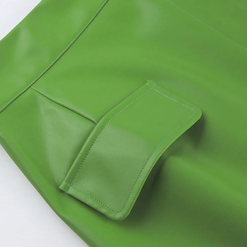 Bclout Autumn Green Leather Skirts Womens 2022 Elegant High Waist Office Lady Patchwork Mini Skirt Fashion Sexy Short Skirts Y2k