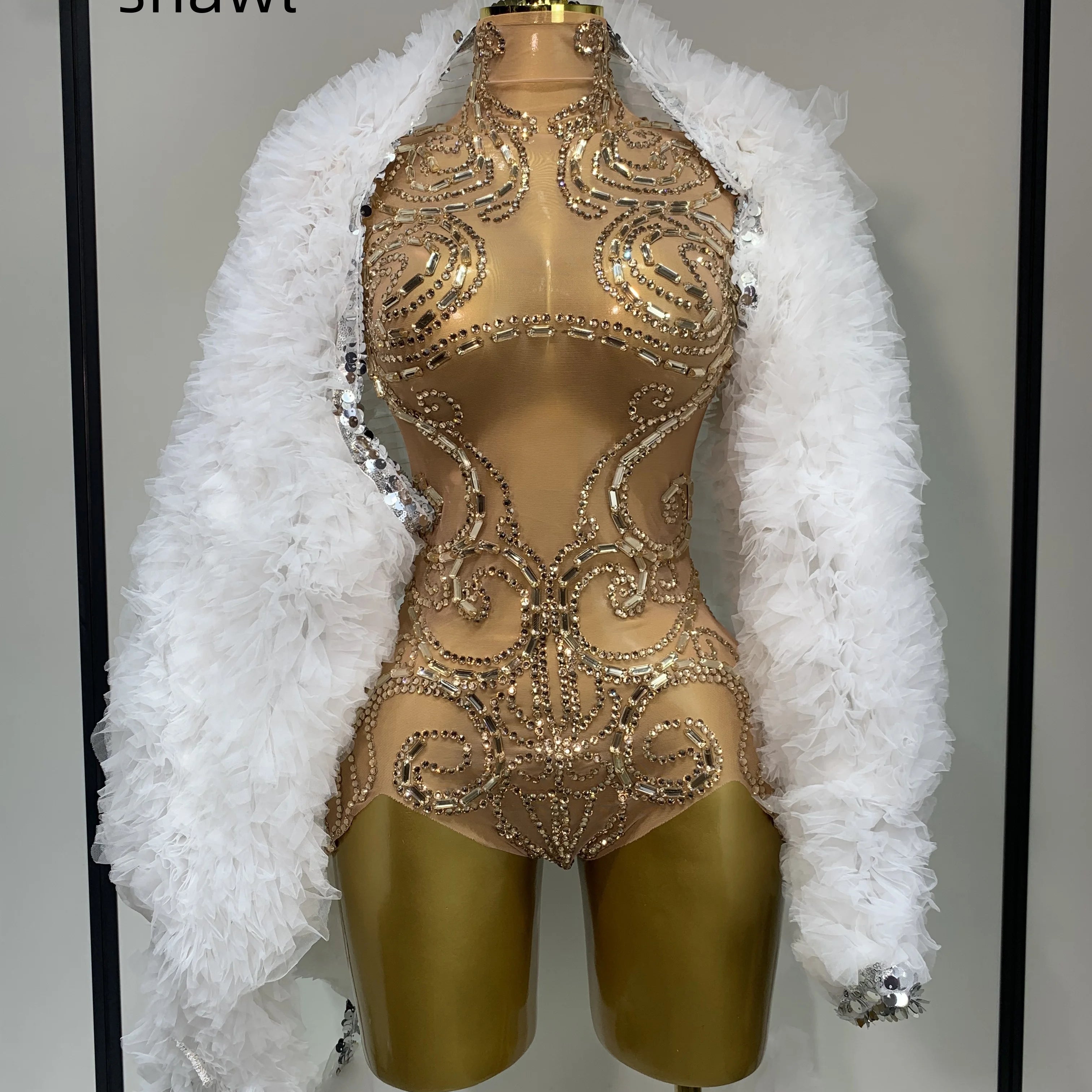 Shining Rhinestone Bodysuit Sexy Mesh See Through Dancer Birthday Evening Party Celebrate Performance Nightclub Stage Outfit only white shawl