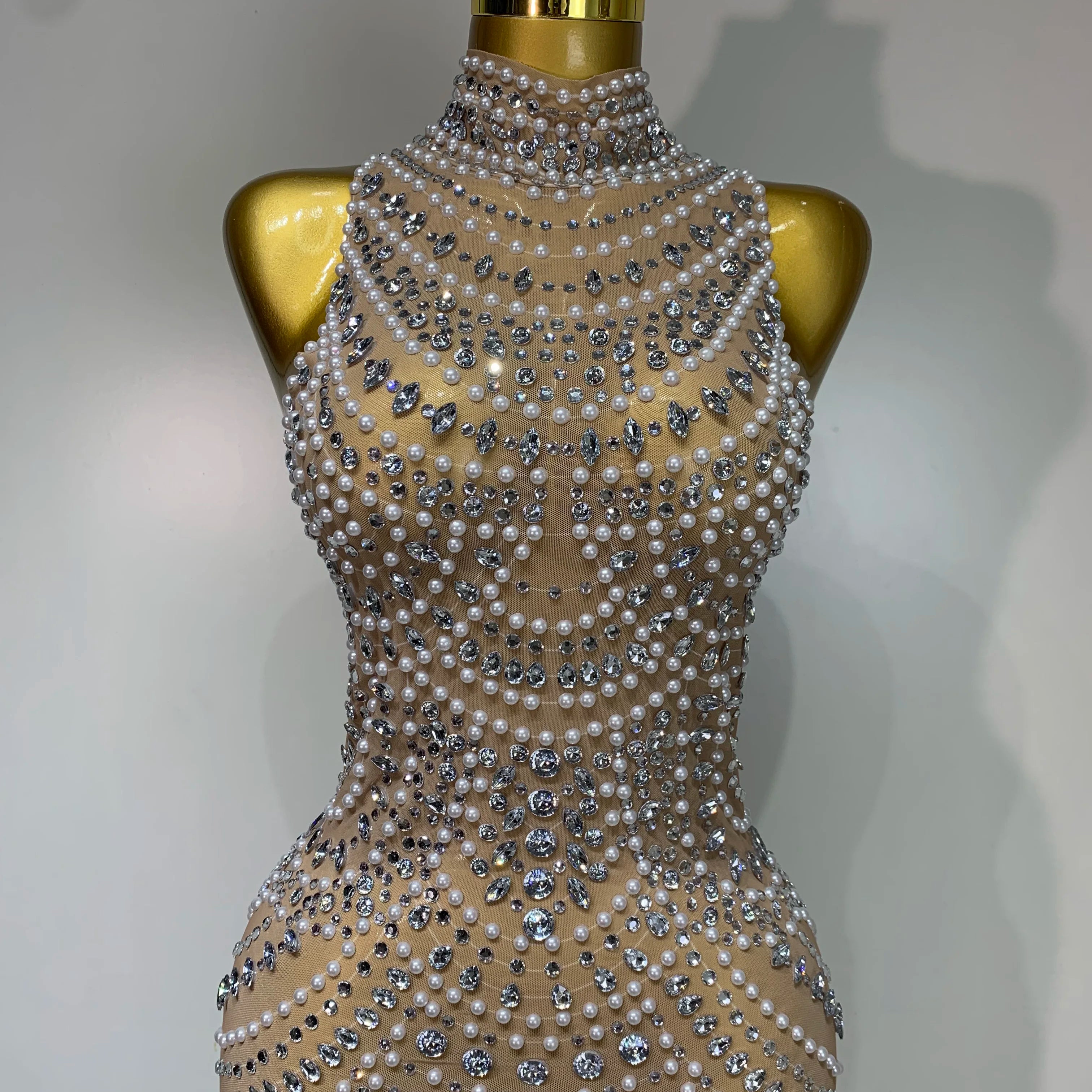 Elegant Sexy Sparkly Pearl Rhinestone Sleeveless Long Dress Women Birthday Party Evening Prom Wedding Luxury Photoshoot Outfits