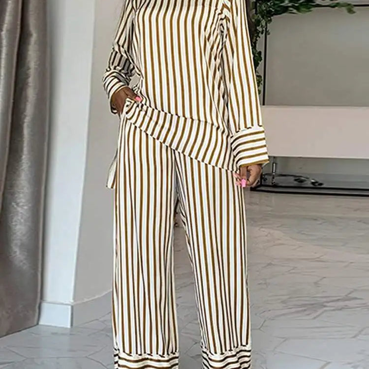 Plus Size 5XL VONDA Women Stripe Pant Sets 2024 Summer Fashion Long Sleeve Tops and High Waist Pants Casual Loose Elegant Suit Brown