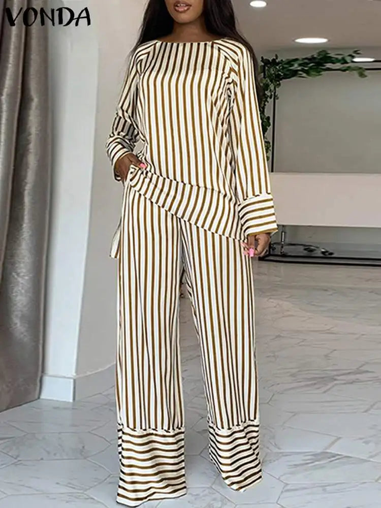 Plus Size 5XL VONDA Women Stripe Pant Sets 2024 Summer Fashion Long Sleeve Tops and High Waist Pants Casual Loose Elegant Suit Brown