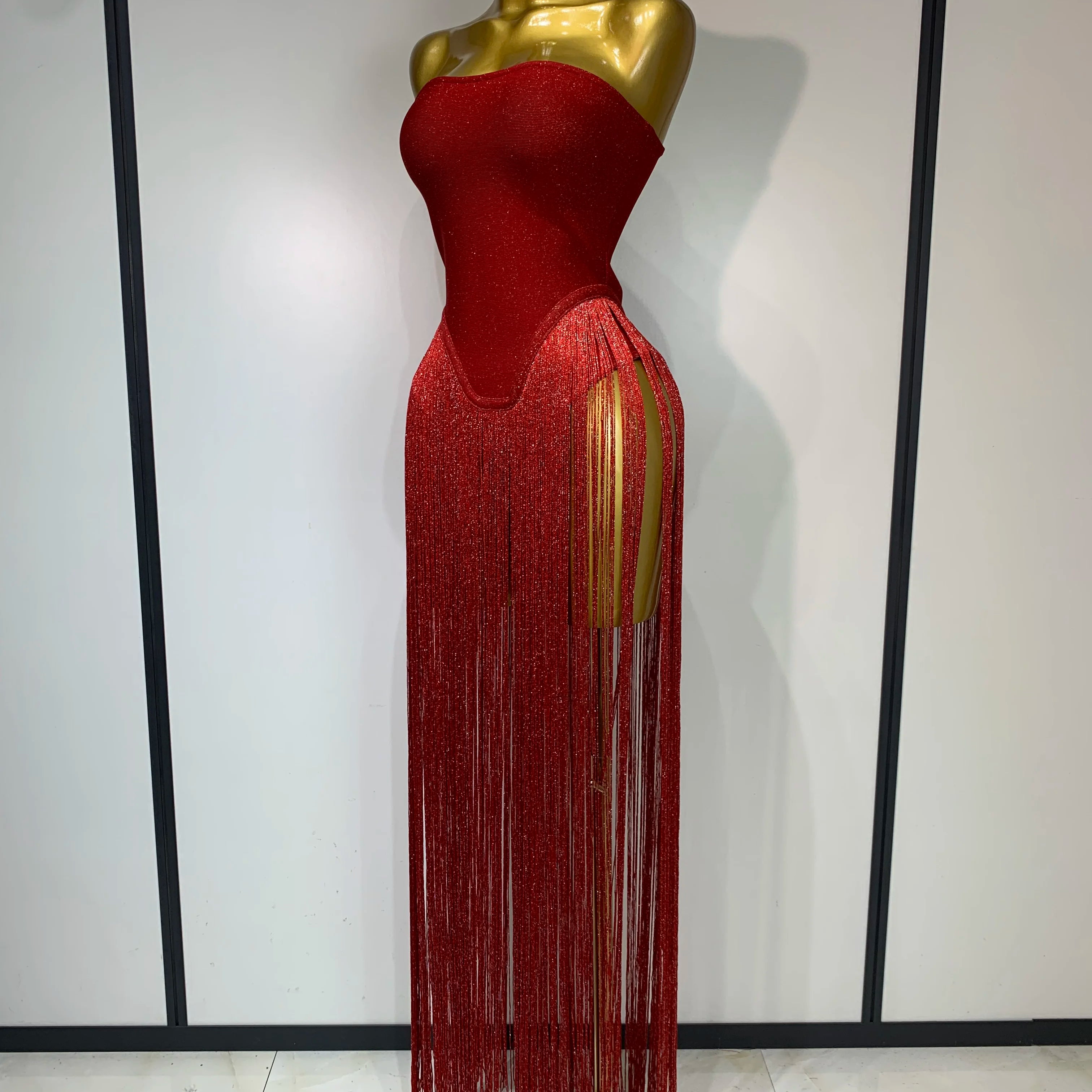 Fashion Design Long Tassel Patchwork Strapless Bandage Bodysuit Women Sexy High Street Evening Party Nightclub Hotwife Outfit