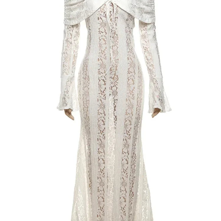Vintage Cream Floral Lace Off Shoulder Maxi Dress Fashion Flare Long Sleeve Hollow Out Slim Dresses 2024 Elegant Lady Party Robe White