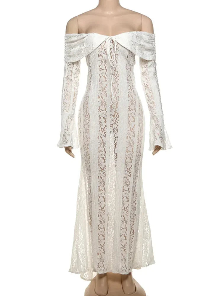 Vintage Cream Floral Lace Off Shoulder Maxi Dress Fashion Flare Long Sleeve Hollow Out Slim Dresses 2024 Elegant Lady Party Robe White