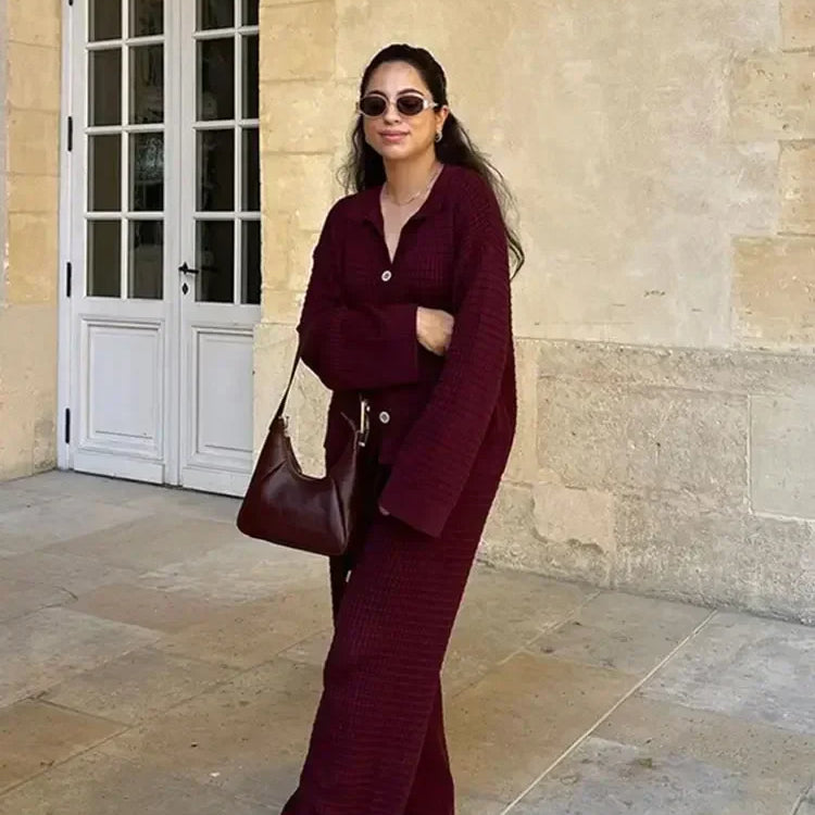 Autumn Women Wine Red Knit Sweater 2 Peice Sets V-neck Cardigan Coats High Waist Wide Leg Pants Ladies Fashion Casual Suits