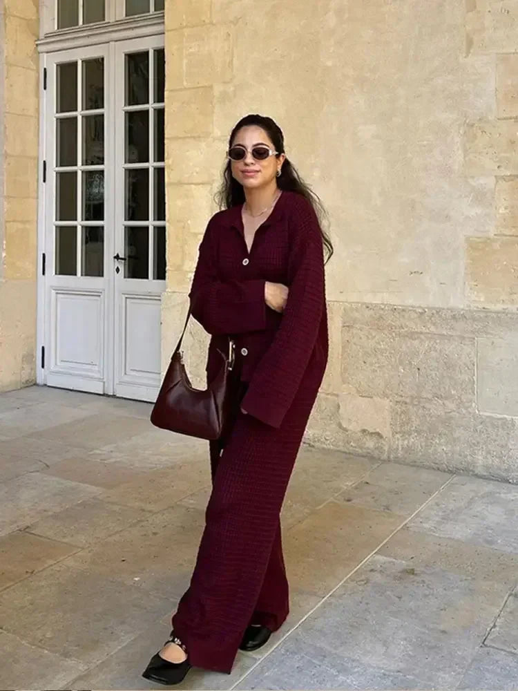 Autumn Women Wine Red Knit Sweater 2 Peice Sets V-neck Cardigan Coats High Waist Wide Leg Pants Ladies Fashion Casual Suits