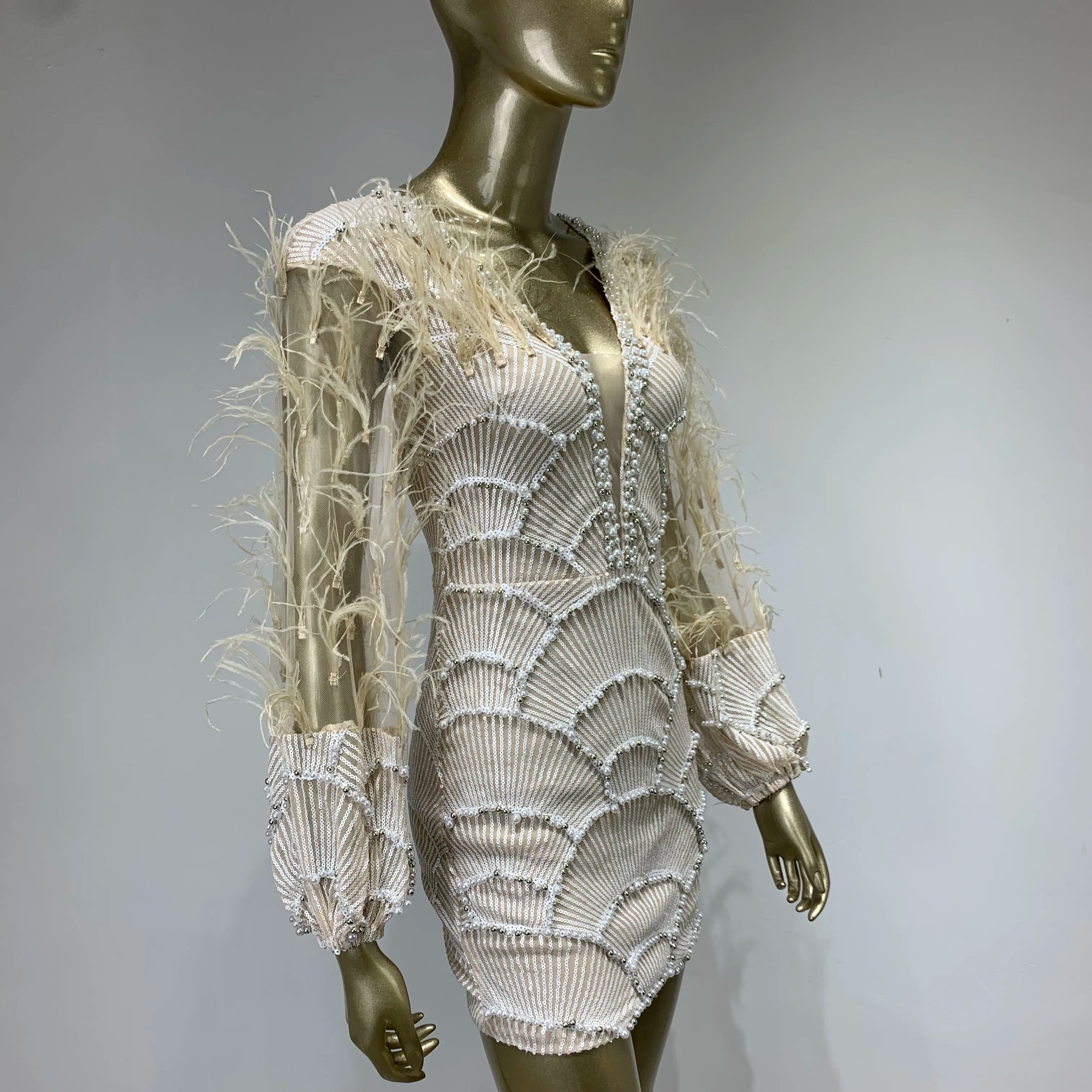 Women Summer Sexy Long Sleeve Beige Sequins Mesh Pearl Feather Mini Bodycon Gowns Dress 2023 Elegant Evening Party Club Dress