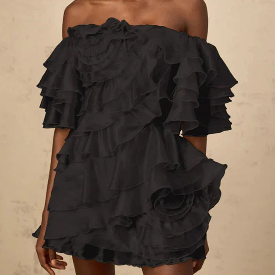 Solid Slimming Spliced 3D Flowers Mini Dresses for Women Slash Neck Off Shoulder Patchwork Ruffles Dress Female New BLACK