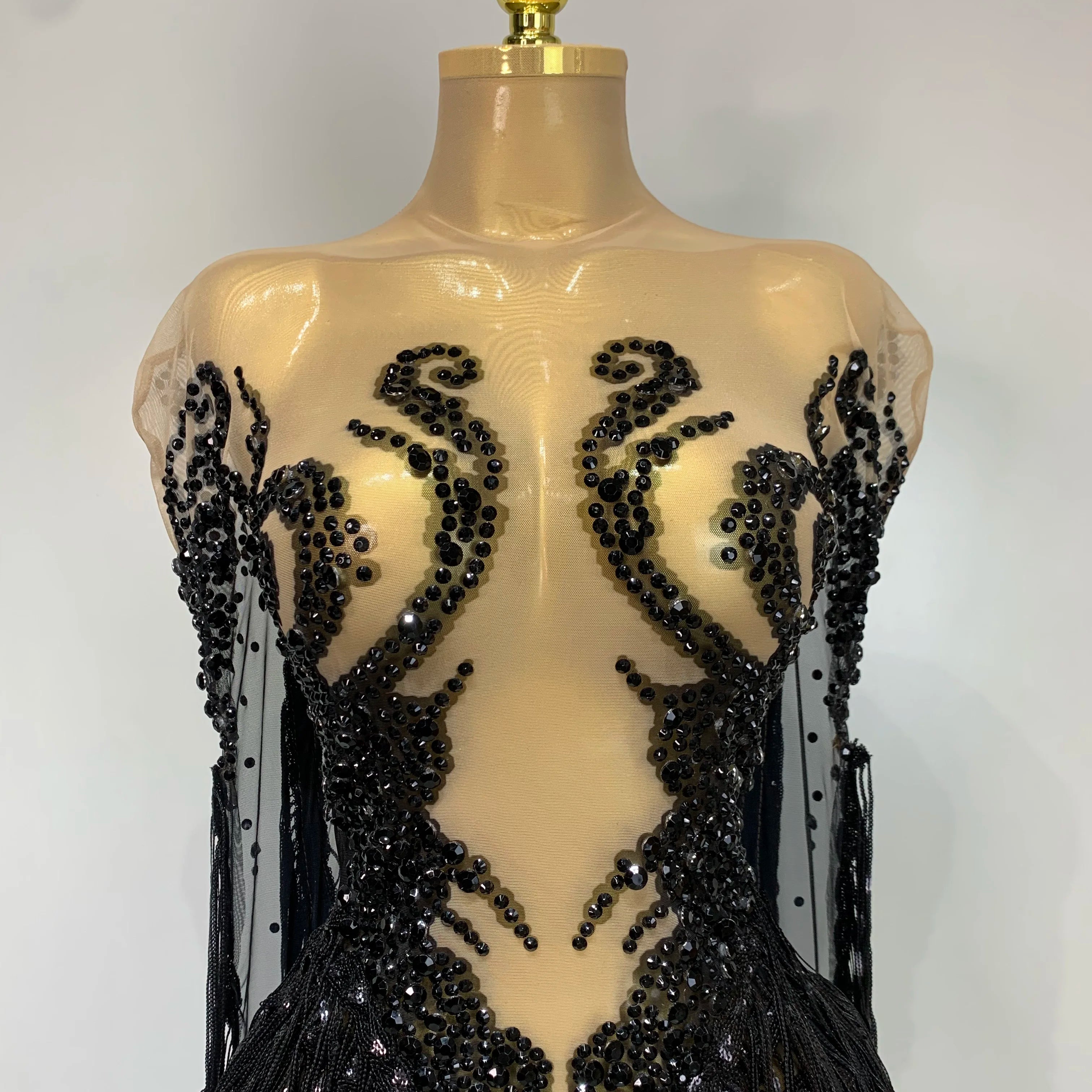 Sexy Sparkly Rhinestone Sequins Tassel Mesh Transparent Dress Women Evening Birthday Party Nightclub Dance Singer Stage Outfit