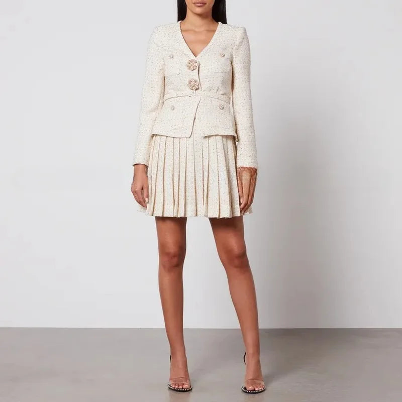 Solid Slimming Two Piece Sets for Women V Neck Long Sleeevs Spliced Button Top High Waist Pleated Skirts Set Female APRICOT