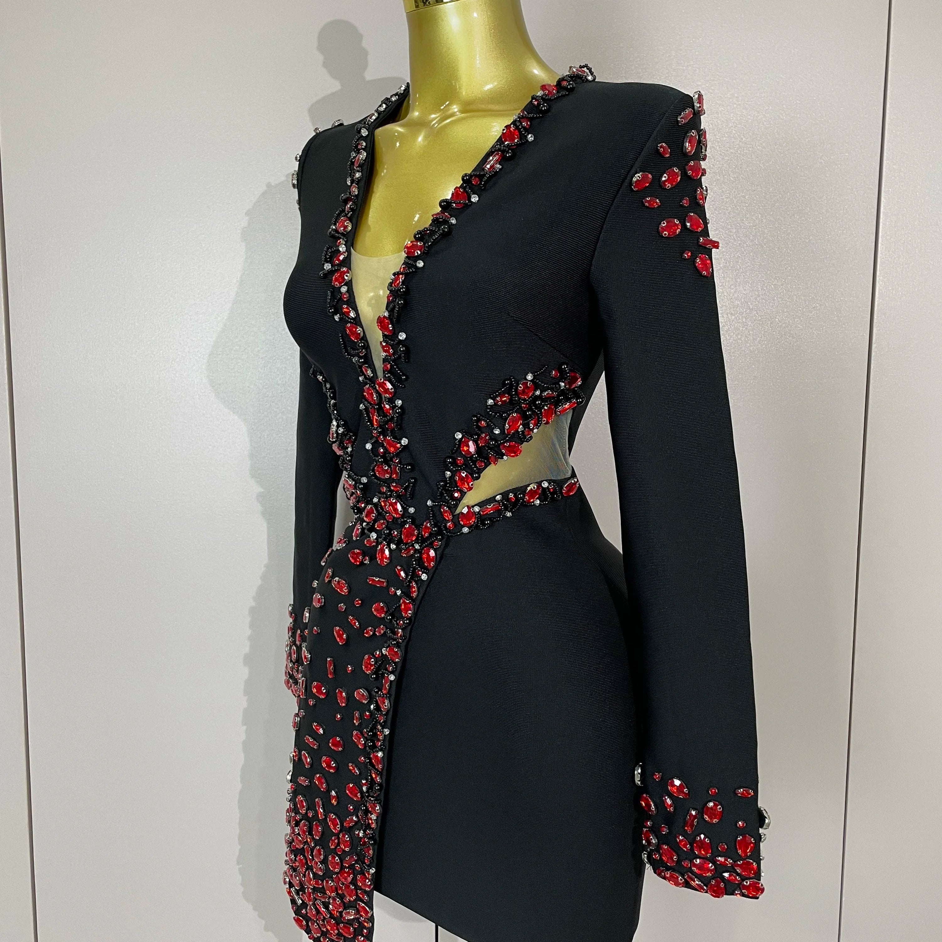 Women Celebrity Sexy Long Sleeve V Neck Rhinestone Black Bandage Dress 2025 Elegant Evening Club Luxury Birthday Party Dresses