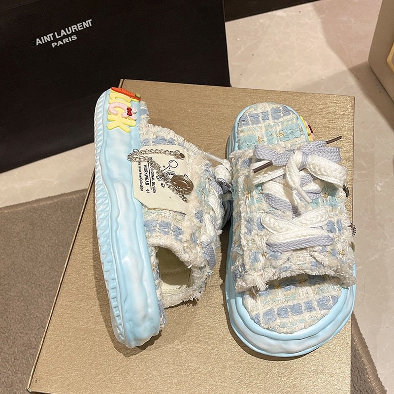 Summer Women Graffiti Slippers Sandals Platform Shoes Mules Flip Flops Street Clogs Flat 2024 New Sweet Casual Shoes For Female Sky Blue