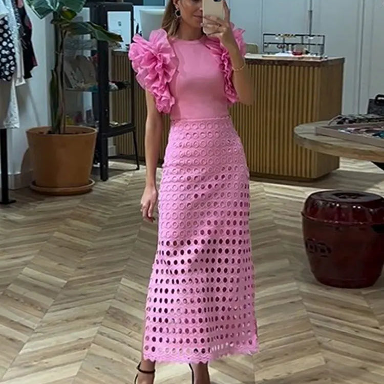 Women Elegant Pink Spliced Pleated Lace Midi Dress Chic Round Neck Sleeveless Hollow Out Robe New Lady Party Slim Vestidos Pink