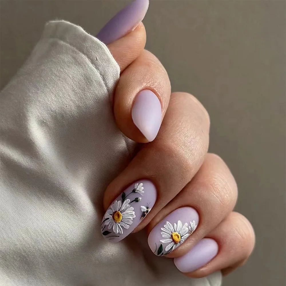 24pcs Garden Style False Nails With Colorful Flower Designs Glossy Almond Press On Nails Full Cover Artificial Autumn Fake Nail Y4