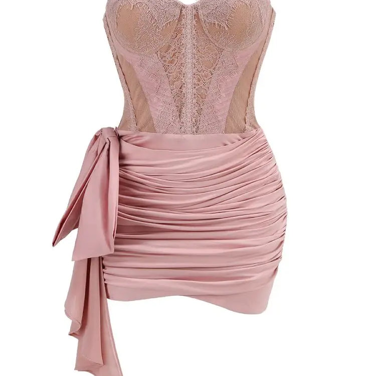 Black Lace Bow Mini Dress See Through Ruched Short Dress Celebrity Night Club Wear Cocktail Party Outfits Pink