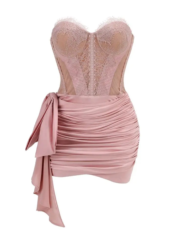 Black Lace Bow Mini Dress See Through Ruched Short Dress Celebrity Night Club Wear Cocktail Party Outfits Pink