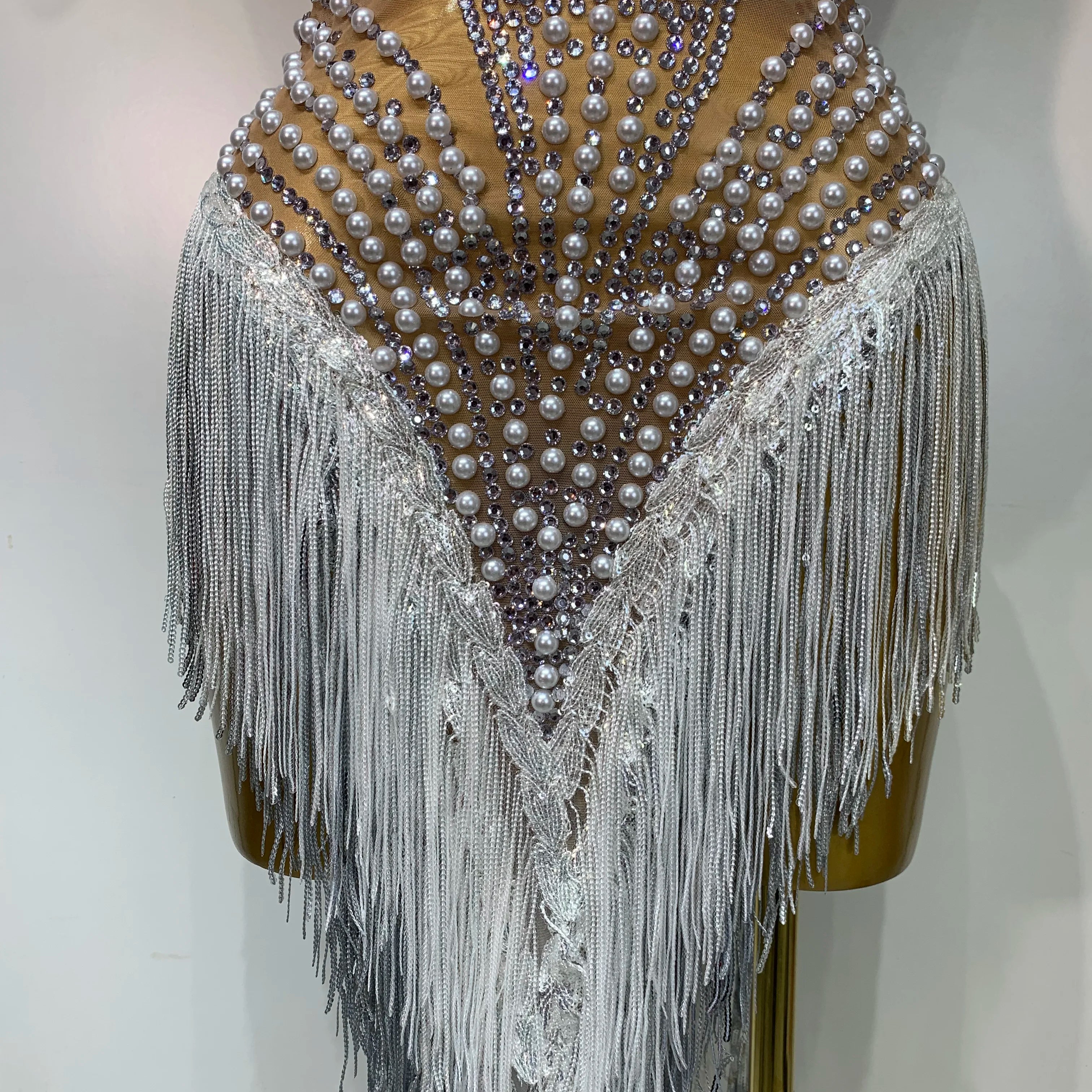 Women Sparkly Rhinestones Pearls Tassel Sexy Mesh See Through Dress Latin Dance Outfits Bar Nightclub Party Stage Costume