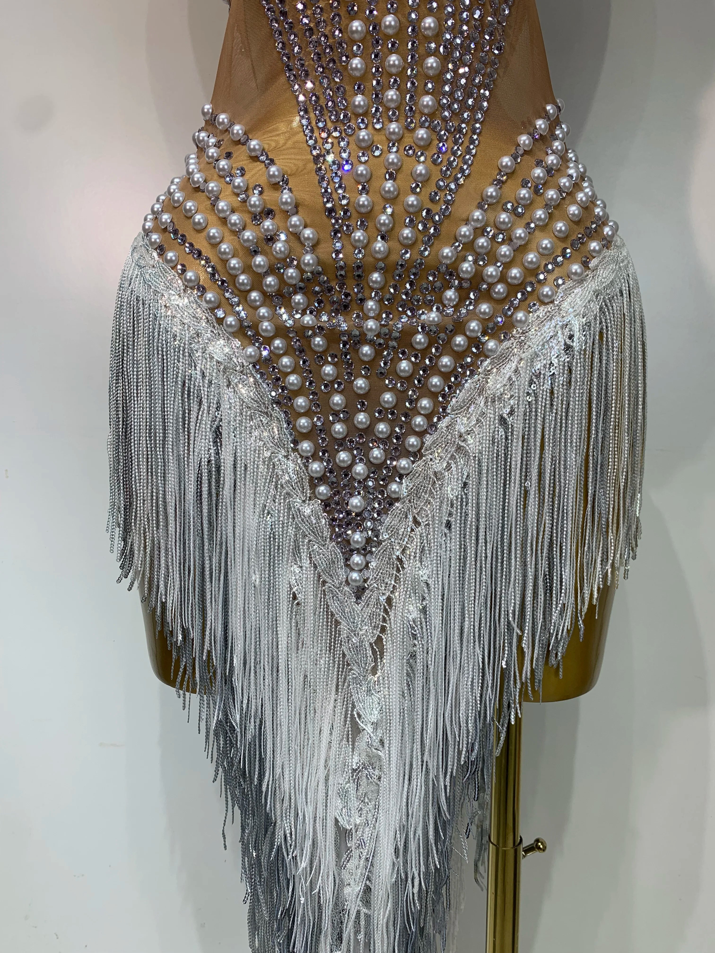 Women Sparkly Rhinestones Pearls Tassel Sexy Mesh See Through Dress Latin Dance Outfits Bar Nightclub Party Stage Costume
