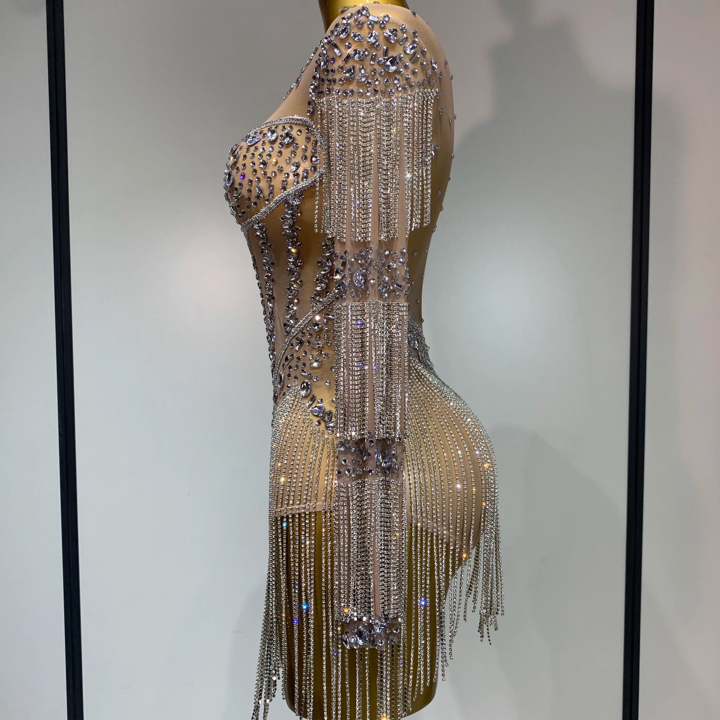 Women Sexy Mesh See Through Performance Dance Nightclub Rompers Singer Stage Outfit Sparkly Rhinestone Bodysuit Birthday Wear