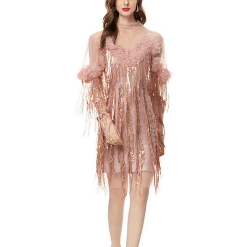 Solid Spliced Tassels Elegant Dresses for Women Round Neck Short Sleeves Patchwork Fungus Folds Dress Female New