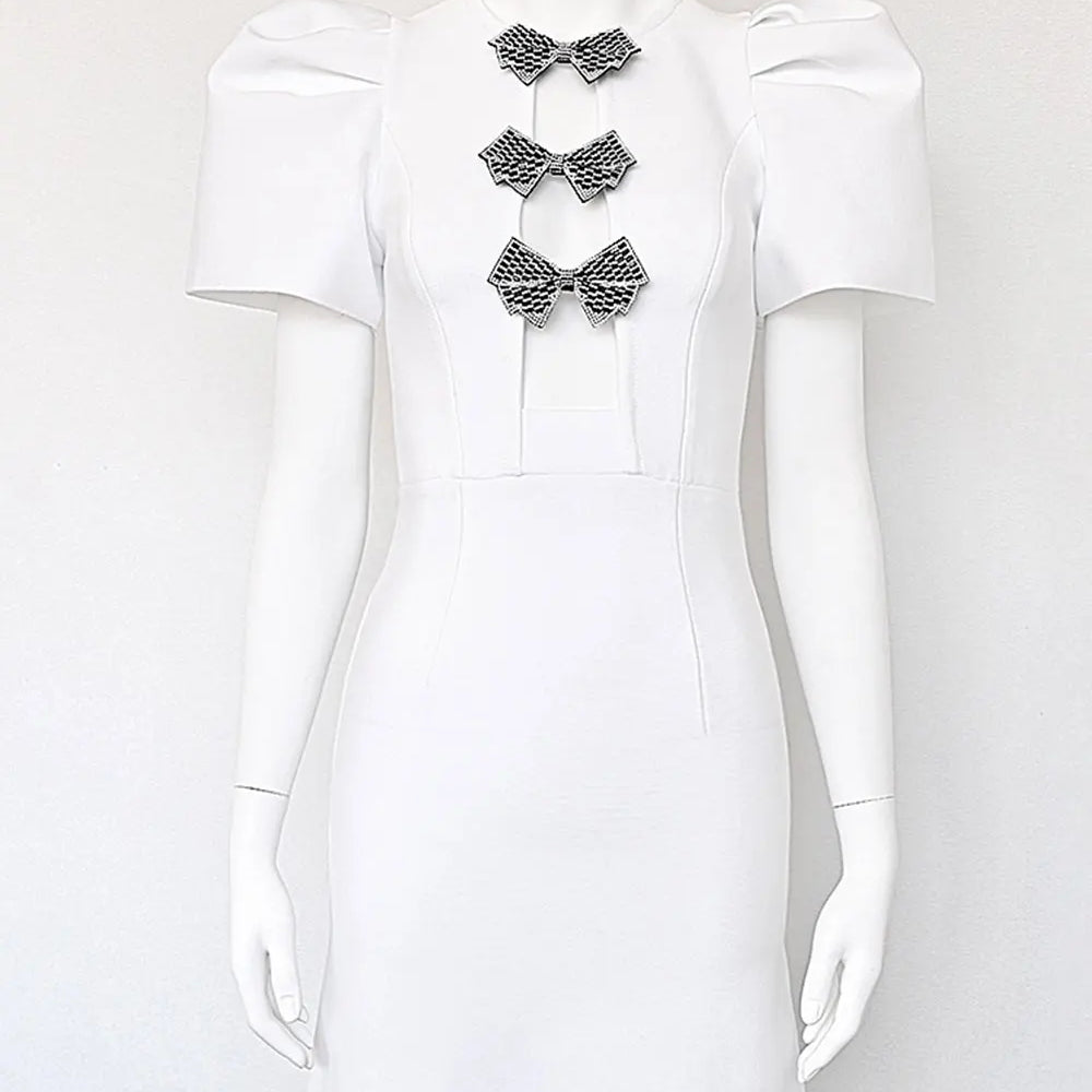 2024 Sexy Women's Water Diamond Butterfly Knot Design Bandage Dress O-Neck Bubble Short Sleeve Hollow Bodycon Mini Dress Vestido WHITE
