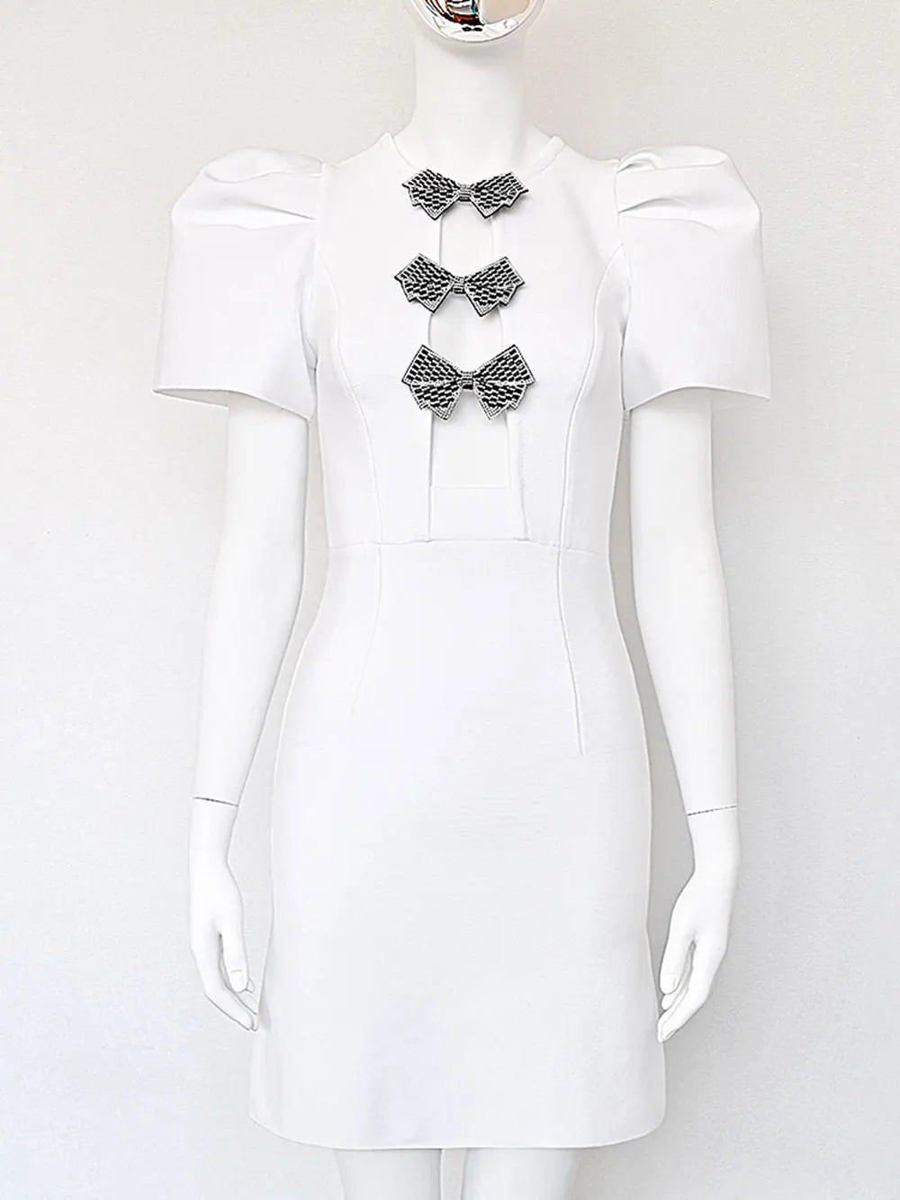 2024 Sexy Women's Water Diamond Butterfly Knot Design Bandage Dress O-Neck Bubble Short Sleeve Hollow Bodycon Mini Dress Vestido WHITE