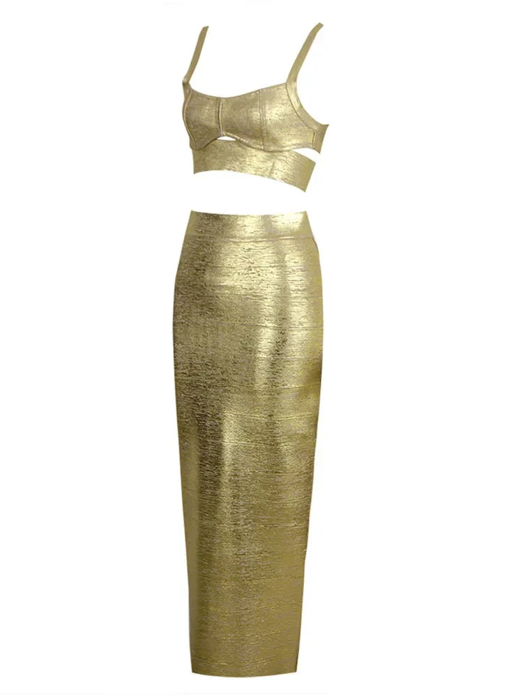 Women Summer Sexy Sleeveless Backless Bronzing Gold Midi Bodycon Skirt Bandage Set Elegant Evening Club Party Outfits