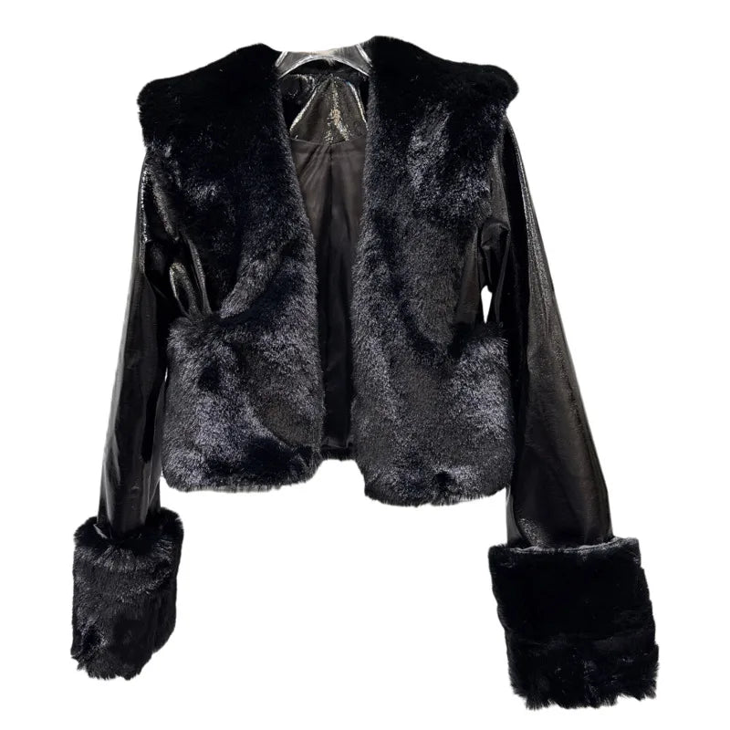 Winter New Fashion Fur Patchwork PU Leather Short Jacket For Women High Street Style Lapel Coat Female Trend 11A07483