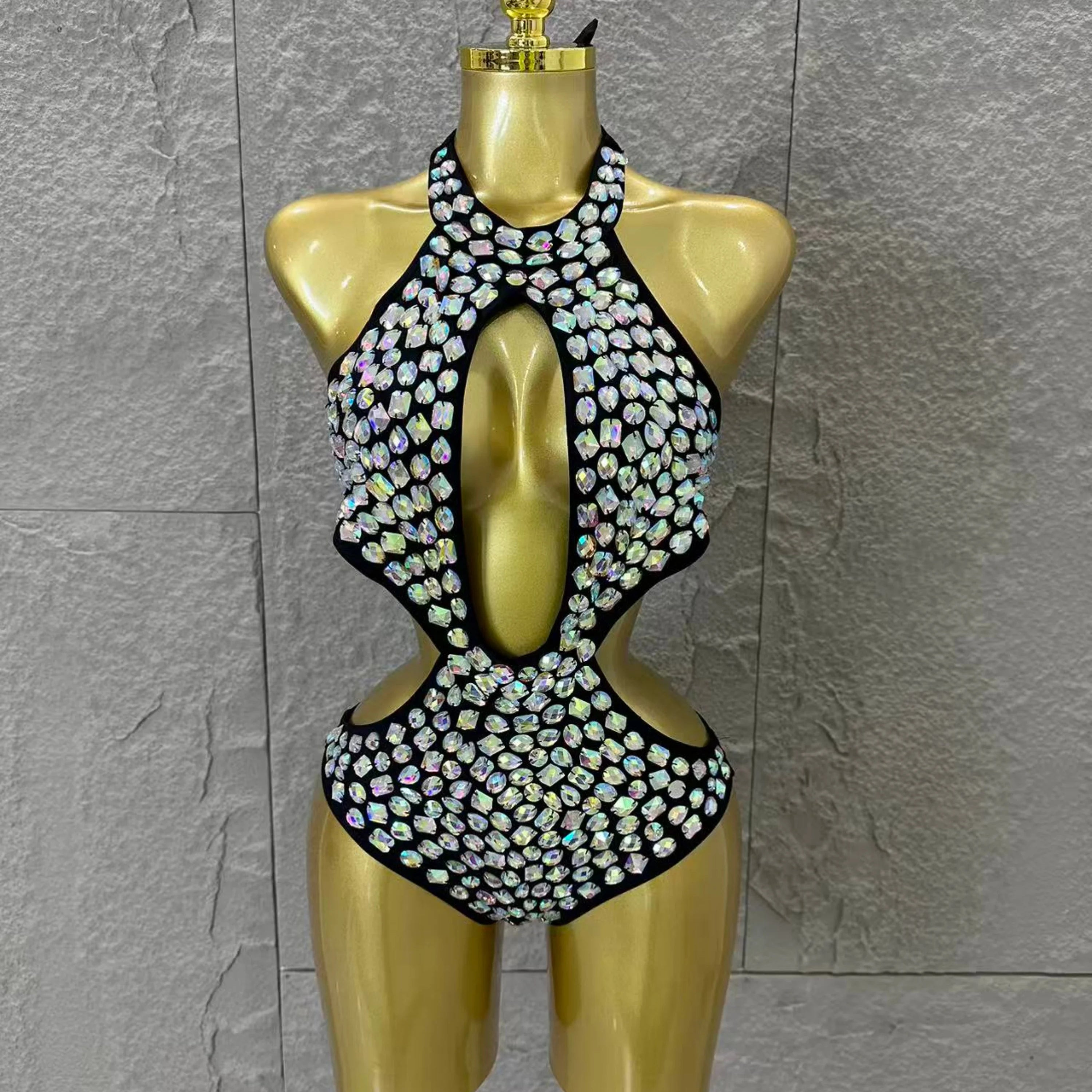 Women Sexy Halter Neck Iridescent Crystal Embellished Cutout Outfit Stage Performance Costume 2026 Luxurious Black Bodysuit B