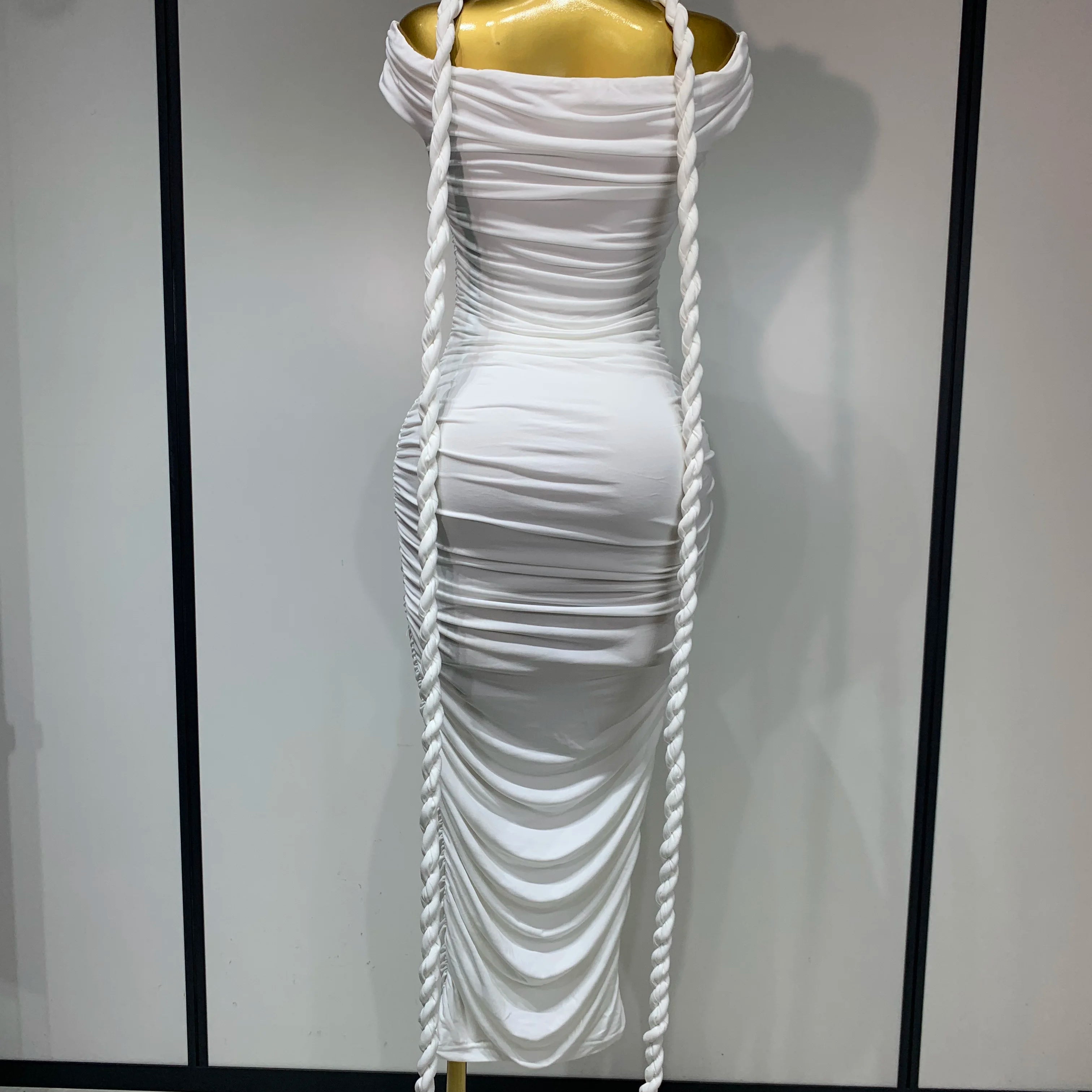2025 White Women Sexy Off Shoulder Bodycon Mesh Long Dress Nightclub Party Evening Fashion Birthday Dress Vestido