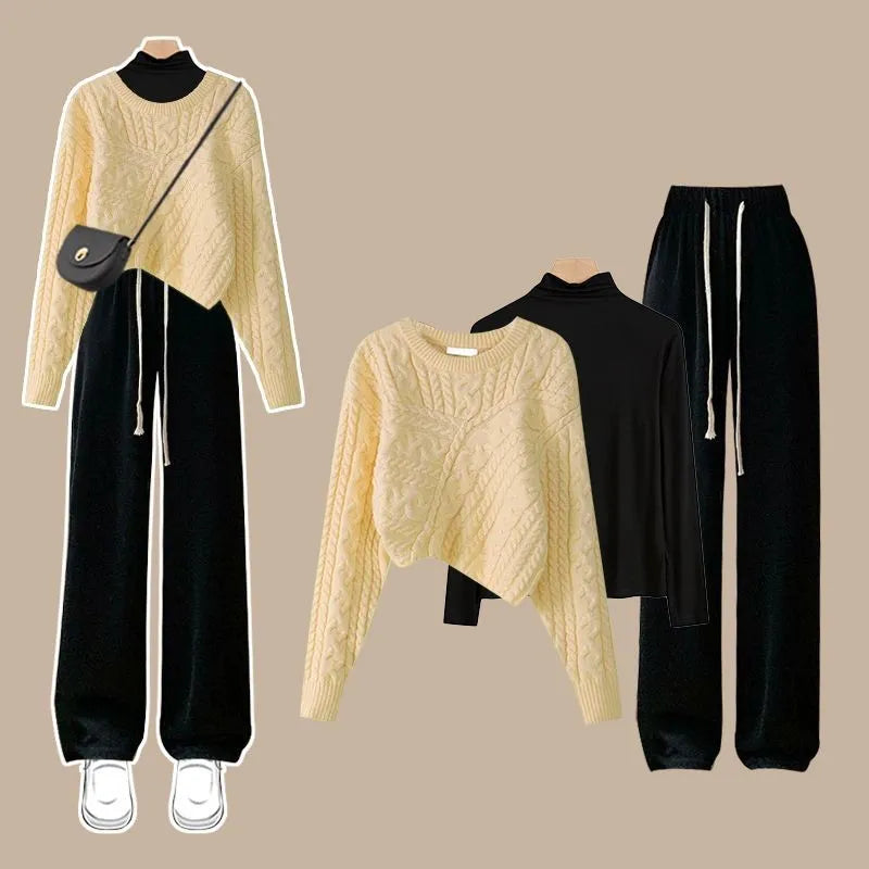 Women's Autumn Winter Suit 2024 New Fashion Knitted Sweater Undershirt Casual Pants 3 Piece Korean Elegant Trousers Matching Set Set 04