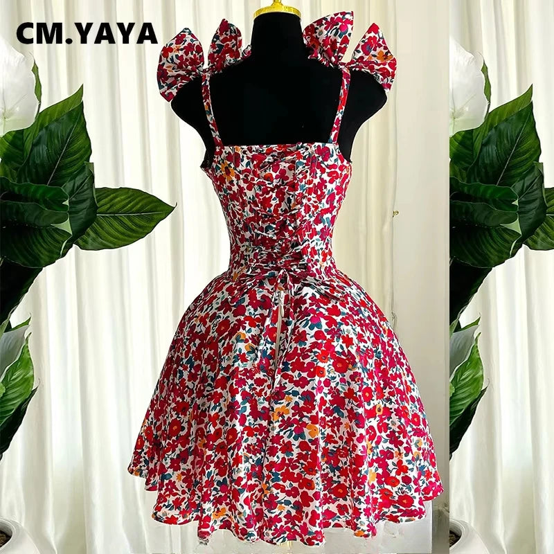 Women Floral Printed Sleeveless Bowknot Strap Big Swing Mini Dress 2025 Evening Sexy Beach Party Birthday Street Dresses