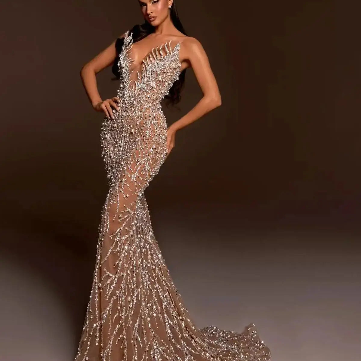 Haute couture Wedding Party dress Sequin embroidery Pearl Beading Sexy V－Neck Strapless Dress Celebrity Birthday Party Outfit Champagne