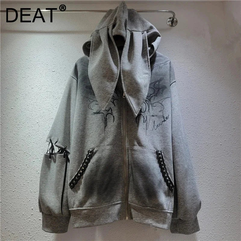 Autumn Winter New Fashion High Street Pin Graffiti Hooded Sweatshirt For Women Y2K Sweet Cool Cardigan Female 11A07705